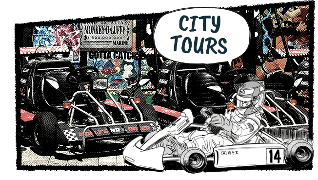a cartoon of a man driving a go kart